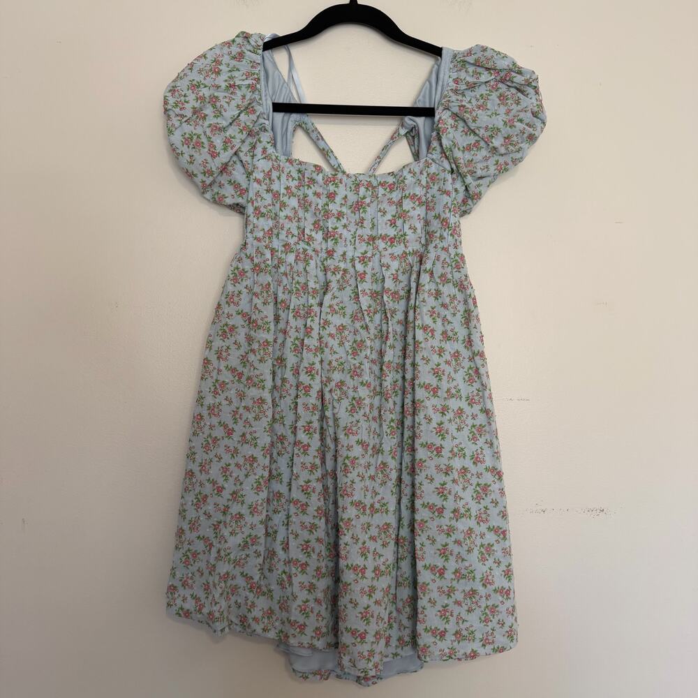 Bebop Floral Puff Sleeve Cross Back Coquette Whimsical Ditsy Floral Mini Dress M